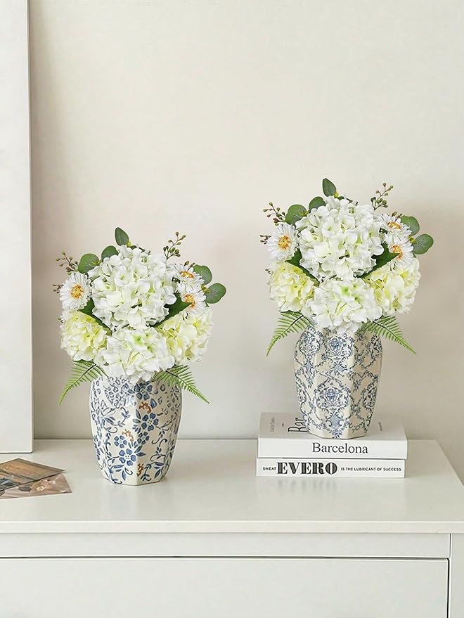Hydrangea artificial Flowers 24PCS White Faux Flowers Fake Hydrangea Daisies Silk Arrangements Realistic Fake Flowers for Vase Floral Centerpiece Arrangements Wedding Bridal Bouquet Party Home Decor
