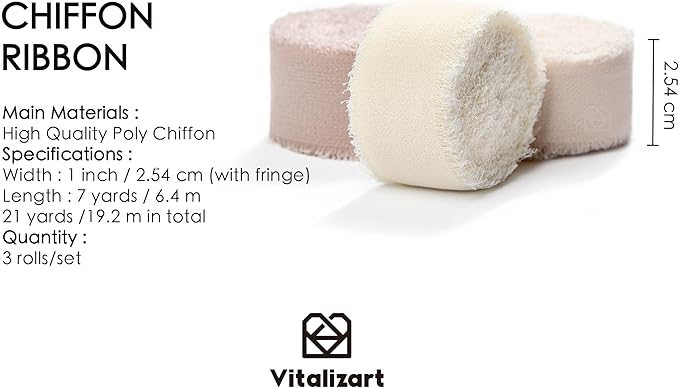 Vitalizart Chiffon Silk Ribbon 1" x 21 Yd Nude & White Fringe Fabric Package (3 Rolls * 7 Yd) for Wedding Invitations Bridal Bouquets Decorations Gifts Wrapping & Bow Making