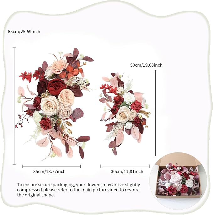Pack of 2 Wedding Arch Decorations Artificial Hanging Flowers Floral Swag for Wedding Welcome Sign Backdrop Balloon Arch Home Party Bridal Ceremony Reusable(Red)