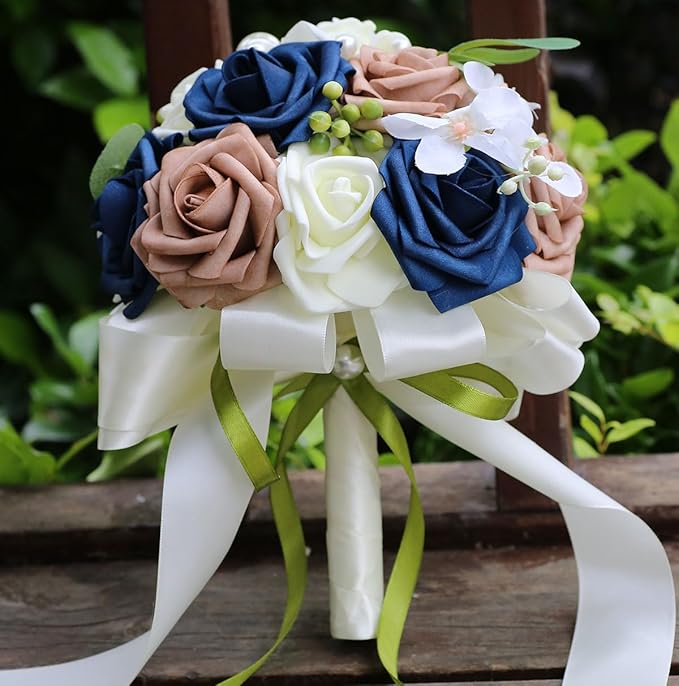 Lightweight Bridal Wedding Bouquet Round Holding Bouquet Throw Toss Artificial Rose Flower Bunch for Bride Bridesmaid Wedding Quinceanera (Cream, Navy & Rosy Brown, 9.1")