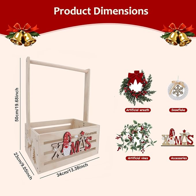 XIANMEI Christmas Wooden Baby Shower Crate Closet, Baby Basket With Artificial Garland Wreath & Accessories - Baby Shower Basket for Newborn Boys Girls, Pregnancy Gifts for New Parents (XMAS)