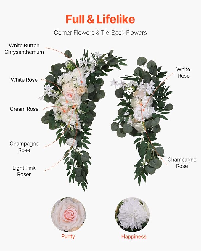 VEVOR Artificial Wedding Arch Flowers Kit, White Wedding Arch Flowers with Drapes Kit (Pack of 4) - 2 Pcs Floral Arrangement, 2 Pcs Sheer Drapes, for Ceremony Bouquets Reception Backdrop Decoration