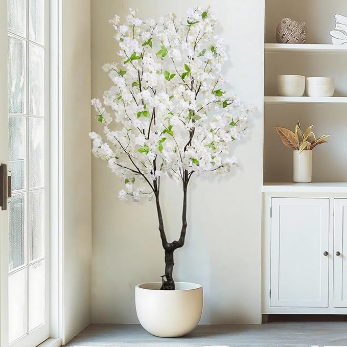 Artificial Cherry Blossom Tree Faux White Flower Tree,6 FT Fake Cherry Blossom Tree Indoor Outdoor for Home Decor