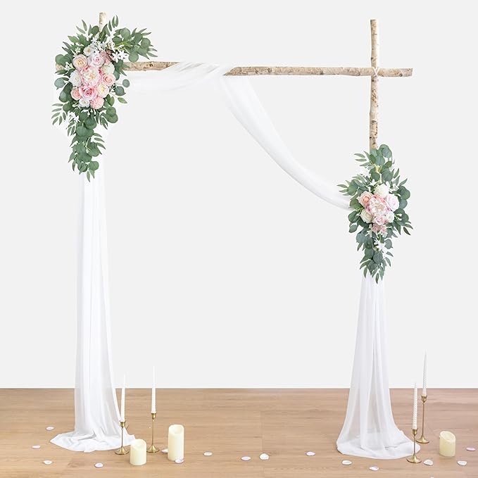 ponatia Artificial Wedding Arch Flowers with 26Ft Arch Draping Fabric, Pink Wedding Flowers for Wedding Welcome Signs Floral Decorations and Wedding Reception Ceremony Decor (Blush Pink & Ivory)