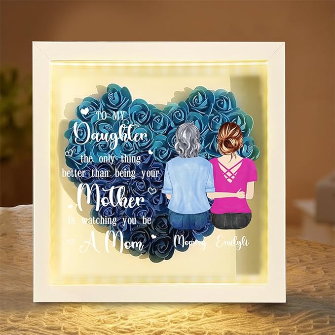Personalized Mom Flower Shadow Box with LED Light Custom Heart Shaped Rose Flower Shadow Box Frame with Family Portrait To My Daughter Mother's Day Shadowbox Memory Gifts for Mom from Daughter