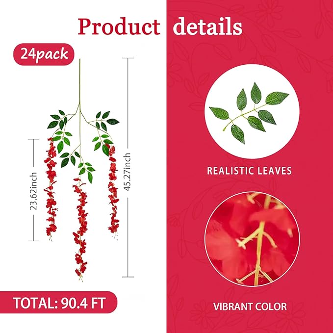 24 Pack Red Wisteria Hanging Flowers Garland, 3.77 Feet Artificial Flower Vines, Fake Wisteria, Artificial Vines Hanging Garland for Backdrop Outdoor Yard Garden Decor