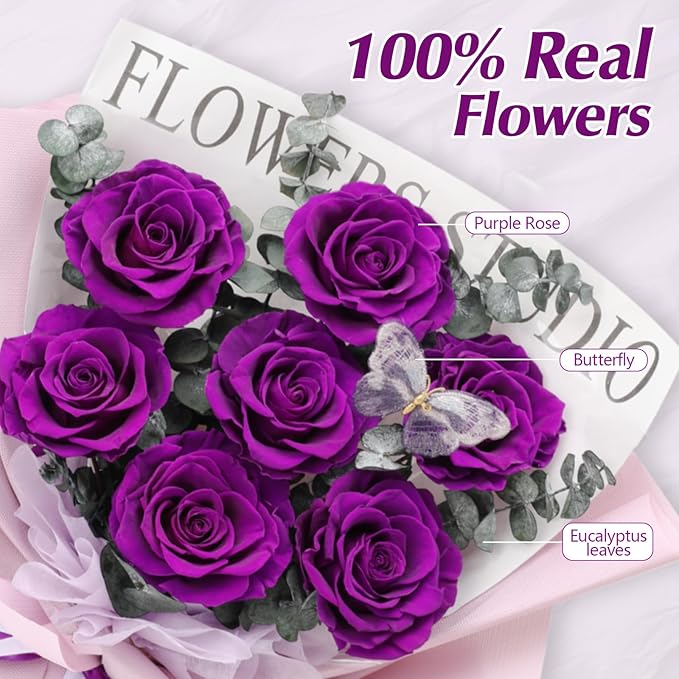 Casaido Preserved Flowers for Delivery, 7 Purple Roses Bouquet, Birthday Gifts for Women, Christmas Rose Gifts for Mom Wife Girlfriend, Forever Real Flowers for Valentines Day Anniversary