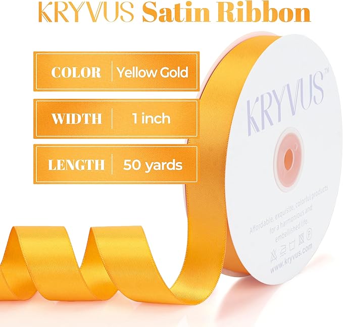 Yellow Gold Satin Ribbon, Double Faced 1 Inch X 50 Yards Yellow Gold Ribbon, Premium Satin Ribbon for Gift Wrapping, Crafts, Hair Bow Making, Sewing, Flower Bouquet, Wedding Party Decor