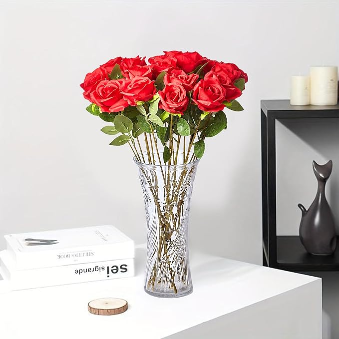 20PCS Artificial Roses with Long Stems - Realistic Silk Flowers, Fake Roses Real Touch Bouquet of Roses for Home Decor, Bridal Wedding Party Table Centerpieces, Bulk Faux Rose Flowers (Red)