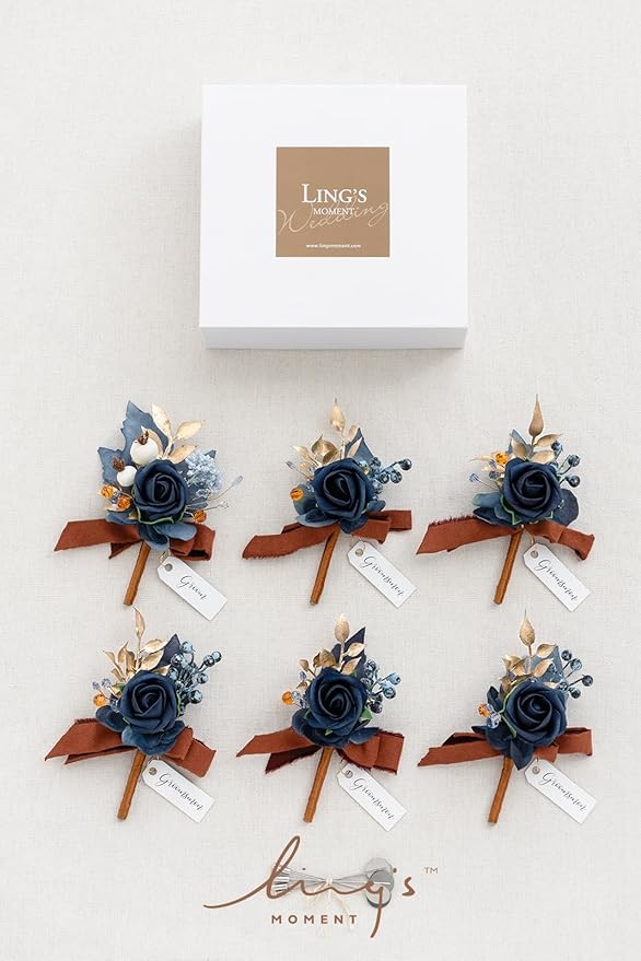 Ling's moment Boutonniere for Men, 6pcs Groom Groomsmen Boutonniere, Artificial Flowers for Wedding Decor/Prom/Homecoming, etc.Burnt Orange Navy Blue