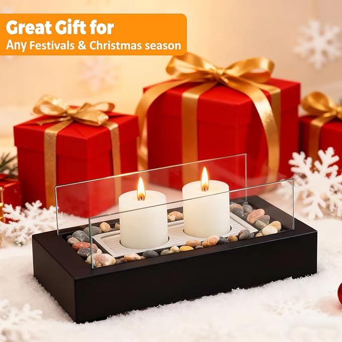 Rectangle Tabletop Hurricane Candleholder with Decorative Stones - Suitable for Dia 2.5" and Below Pillar Candles and Scented Candles, Gift for Dinner Table Centerpiece & Housewareming