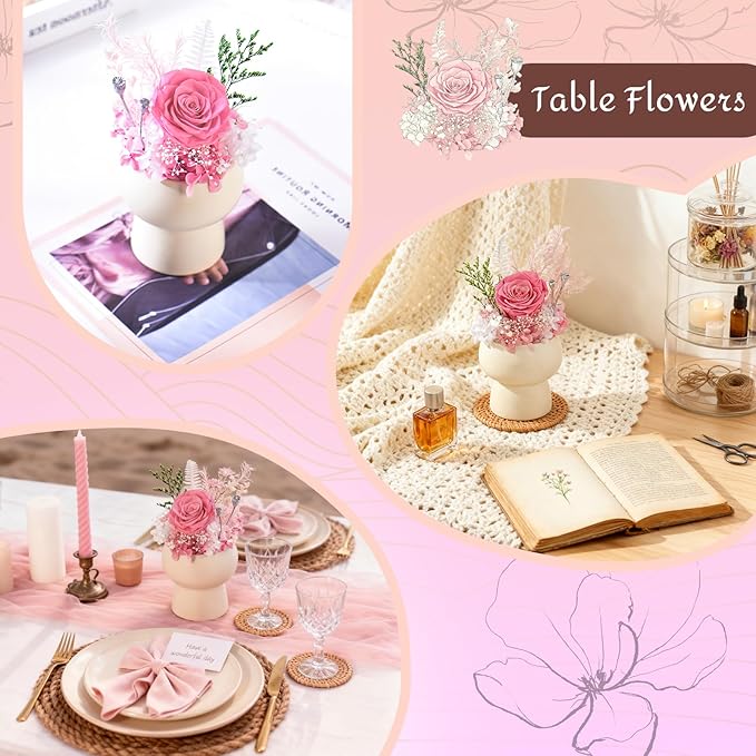 Preserved Floral Gift Set, Everlasting Rose in Small Ceramic Pot - Lasting Beauty for Home Table Decor, Mother's Day, Valentine's Day, Birthday, and Anniversary (Pink)