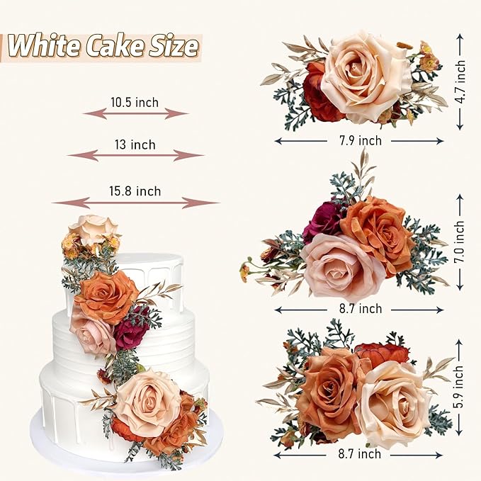 Pre-Made Burnt Orange Silk Flowers for Cakes Decorations Sunset Terracotta Artificial Rose Peony Fall Wedding Cake Toppers Decorating Fake Floral Rust Anniversary Birthday Party Arrangements Table
