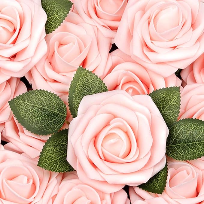 Mocoosy 50Pcs Artificial Roses Flowers, Blush Pink Roses Artificial Flowers Foam Fake Roses with Stem for Wedding Bridal Bouquets Party Centerpieces Artificial Flowers Crafts DIY Home Decoration