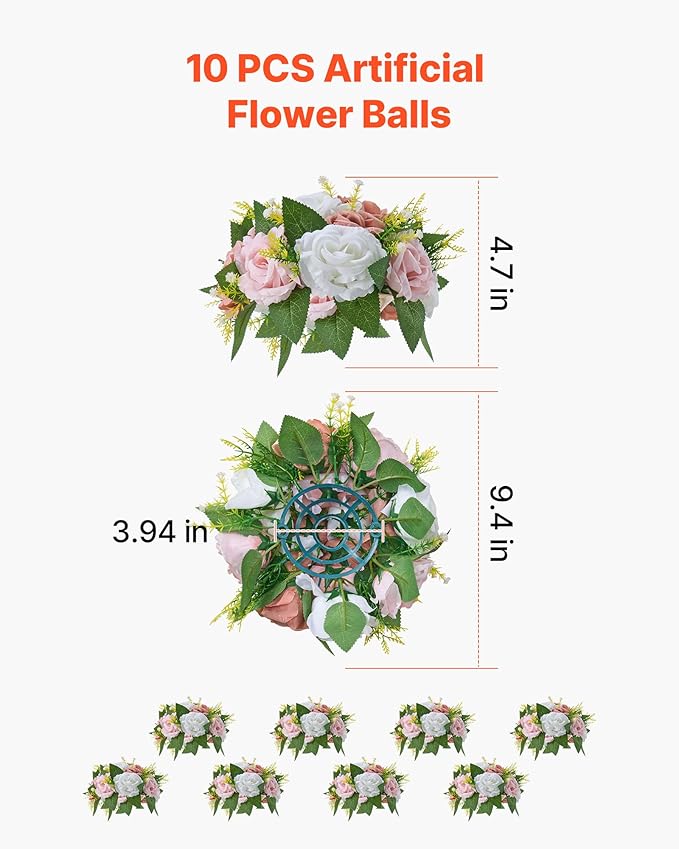 VEVOR Flower Ball Arrangement Bouquet 10PCS, 9.5-Inch Diameter Artificial Flower Balls Wedding Table Centerpieces, Faux Rose Arrangements for Wedding Centerpiece Home Decoration, Pink and White Roses