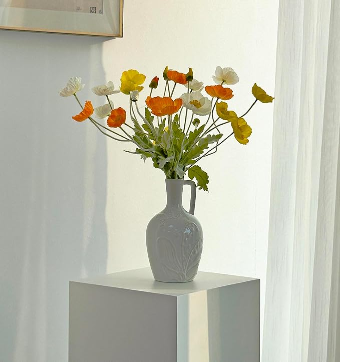 Set of 6 Multicolour Artificial Poppy Flowers, Silk Flowers with Stems for Vase Arrange for Wedding Party Home Office Indoor Kitchen Dining Table Centerpiece Decoration (White Yellow Orange)