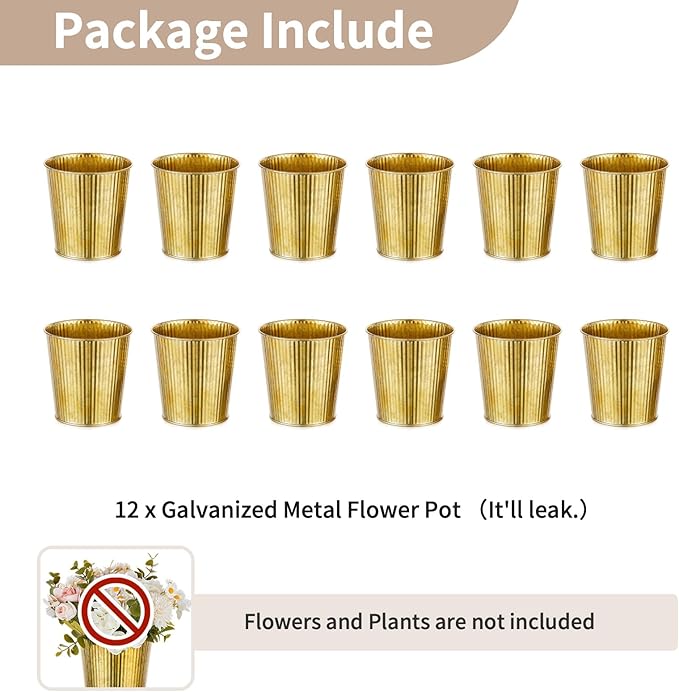 NUPTIO Gold Galvanized Vases for Centerpiece: 12 Pcs 5" Small Ribbed Vases for Flowers Bulk Metal Bucket Planter Pots for Wedding Table Home Decor