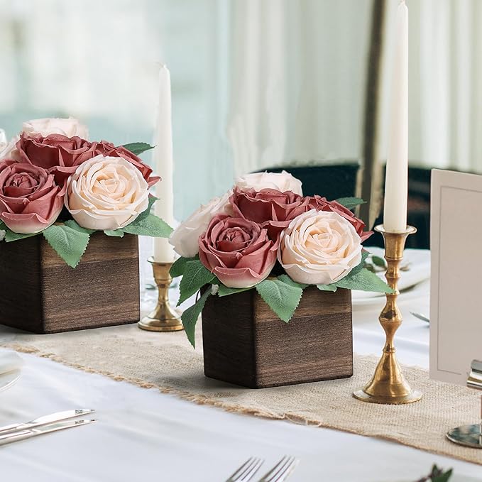 Dining Table Centerpiece Set of 6 - Pre-Made Aritifial Rose with Wooden Vase Fake Floral Arrangment Faux Flower for Wedding Bridal Tea Party Event Decorations - Dusty Pink & Champagne