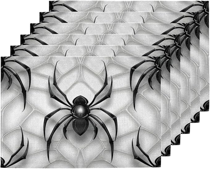 Black Spiders Placemats, Place Mats Set of 4, Heat Resistant Place Mats, Washable Table Mats for Dining Table, Non-Slip Stain Resistant Kitchen Table Placemats, Spiders Web