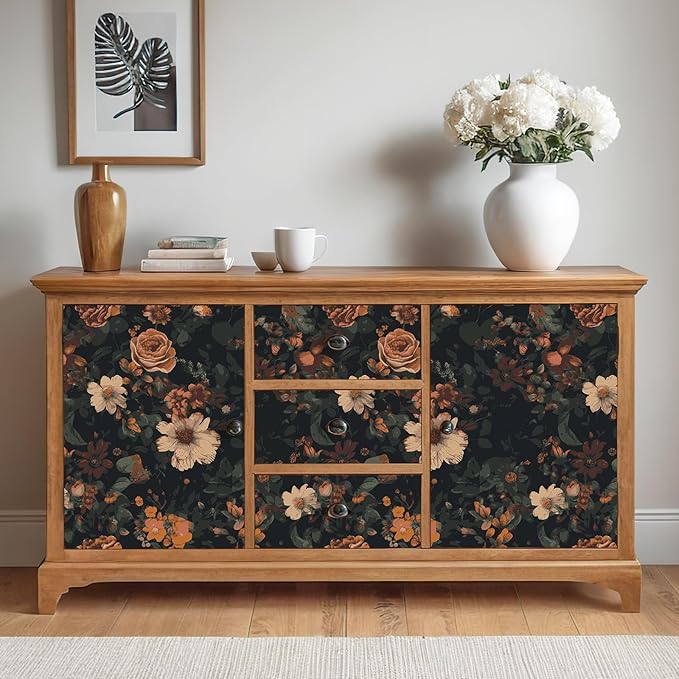 VEELIKE Vintage Floral Wallpaper Prepasted Moody Dark Floral Peel and Stick Wallpaper for Bedroom Powder Room 17.7''x354'' Removable Renter Friendly Wall Paper Flower Contact Paper for Cabinets Walls