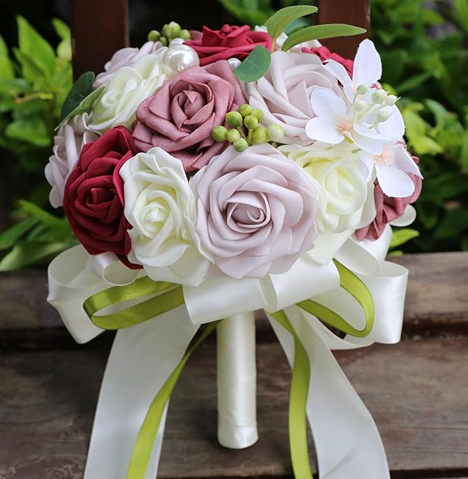 Lightweight Bridal Wedding Bouquet Round Holding Bouquet Throw Toss Artificial Rose Flower Bunch for Bride Bridesmaid Wedding Quinceanera (Cream, Smoky Rose, Light Taro & Burgundy, 9.1")