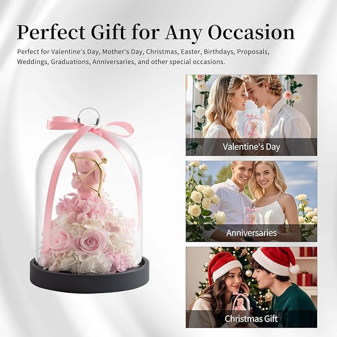 SEEROSE Preserved Rose with Cupid Bear in Glass Dome, Eternal Real Rose Romantic Gift for Her, Women, Mom, Wife, Girlfriend, Valentine’s Day, Mother’s Day, Christmas, Birthday (Cupid Bear, Pink)