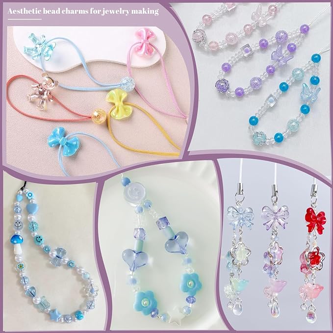 Assorted 200-260PCS Blue Acrylic Beads for Bracelet Making, Flower Bow Candy GummyBear Bracelet Charms,Cute Beads for Jewelry Making DIY Necklace Keychain Phone Charm Christmas Gift