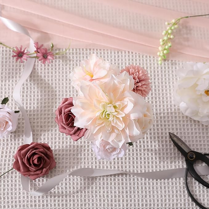Artificial Flowers Combo, Mix Silk Flowers Roses, Peonies, Dahlias with Stems for DIY Wedding Bridal Bouquets, Baby Shower, Table Centerpieces, Home Decor, Fake Floral Arrangements-Blush Pink