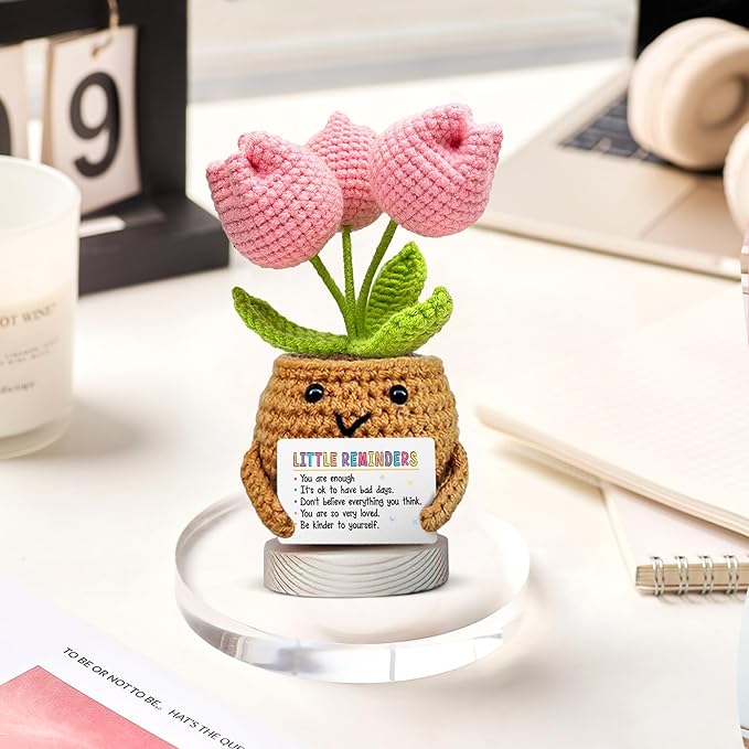 Gossby Handmade Positive Tulip Flower Crochet - Little Reminder You are Enough - Inspirational Gift for Women - Positive Energy, Apreciation, Farewell, Retirement, Goodbye Gift for Coworker