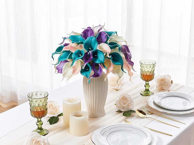 24 Pcs Artificial Calla Lily Flowers Colorful Fake Silk Flowers Real Touch for Wedding Bouquet Office Home Kitchen Decor