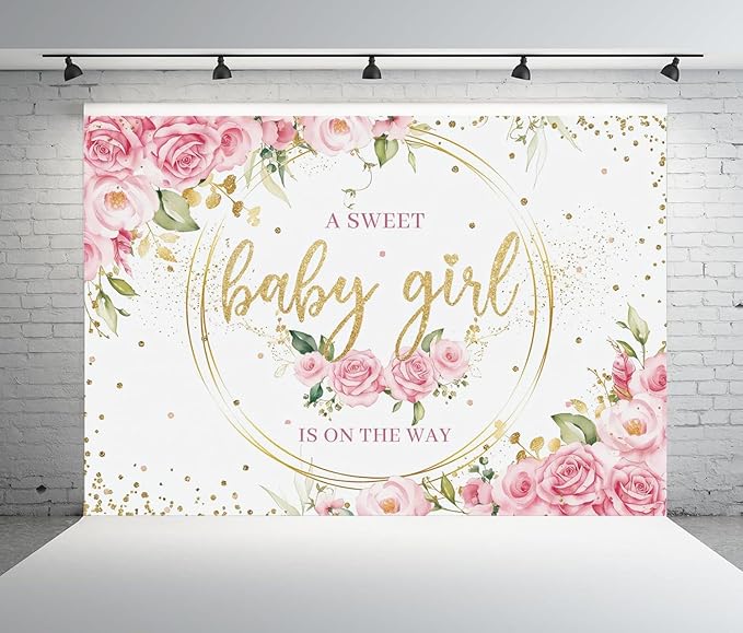 Pink Floral Girl Baby Shower Backdrop 10x8ft A Sweet Baby Girl is on The Way Backdrop for Gender Reveal Party Decoration It's a Girl Banner Photo Booth Props