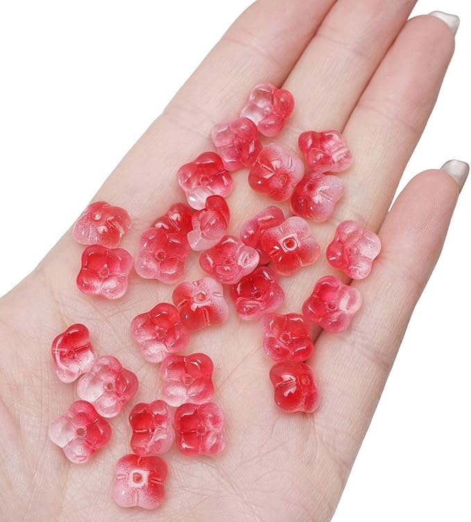 100PCS Glass Flower Beads for Jewelry Making 4 Petal Flower Bead Caps Gradient Cute Floral Beads Aesthetic Charms for Necklace Bracelets Earrings DIY Craft Home Decoration-Red
