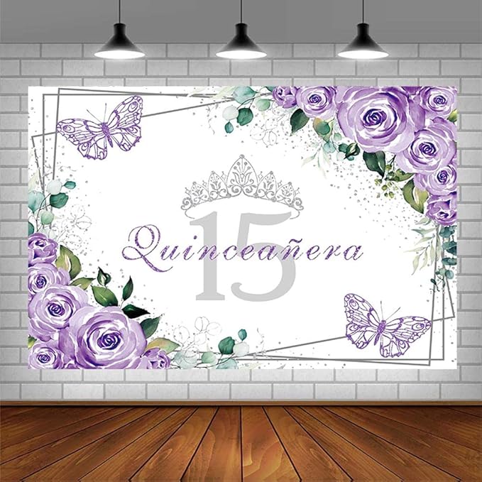 Sendy 7x5ft Quinceañera Backdrop Mis Quince 15 Anos Birthday Party Decoration Supplies for Girl Princess Purple Floral Butterfly Silver Crown Photography Background Banner Photo Booth Studio Props