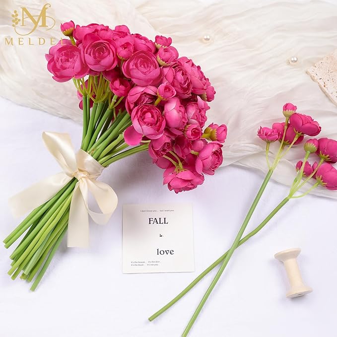 Meldel 32Pcs Ranunculus Artificial Flower Rose with Stems, Faux Rose Red Ranunculus for DIY Bouquet, Bulk Fake Peony Wedding Filler Flowers for Centerpieces Arrangements Bridal Shower Decoration