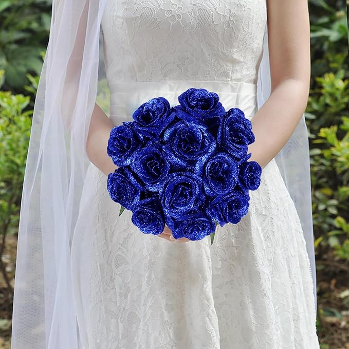 Glitter Flowers,30PCS Royal Blue Roses Artificial Flowers Fake Roses for DIY Crafts Wedding Bouquet Party Home Decor(Royal Blue)