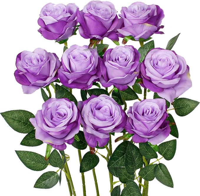 Luyue 10PCS Artificial Roses Flower with Stems Slik Fake Flowers Bouquet Realistic Long Stem Faux Rose for Valentines Day Wedding Home Decor
