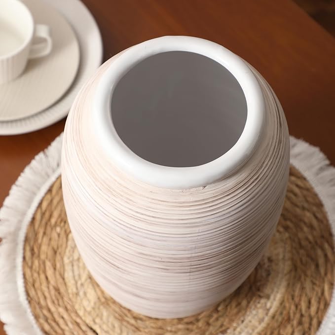 ALMA 12'' Wide Mouth Vase Home Decor, White Boho Tall Pampas Grass Vase for Table Centerpieces, Rustic Decorative Vase for Living Room, Farmhouse, Entryway, Mantel, Bookshelf