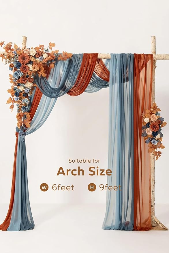 Ling's moment Fall Wedding Arch Flowers with Sheer Drapes Kit - Artificial Orange and Navy Blue Floral Arrangements for Ceremony Backdrop, Arbor Decor, 5-Piece Set (2 Flower Stems + 3 Hanging Drapes)