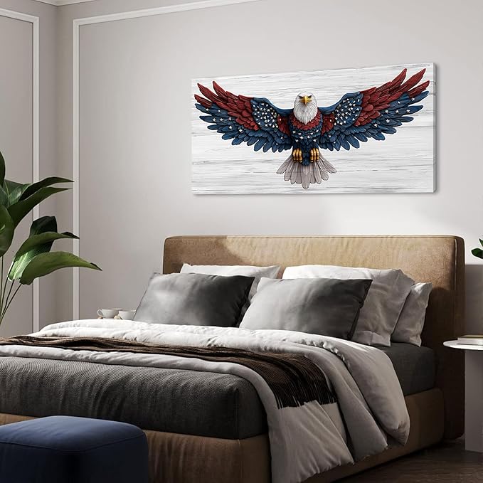 IDAFU Bald Eagle Canvas Wall Art USA Eagle Wall Décor -Patriotic Red Blue Flag Painting,USA Independence Day & 4th of July Décor,Ready to Hang for Living Room, Bedroom, Office, Dorm 58L x28W