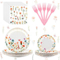 96 PCS Spring Wildflower Party Tableware Supplies, Disposable Floral Paper Plates Napkins Set for Picnic Baby Shower Birthday Wedding Thanksgiving Christmas Tea Party Decor Suppies, 24 Guests