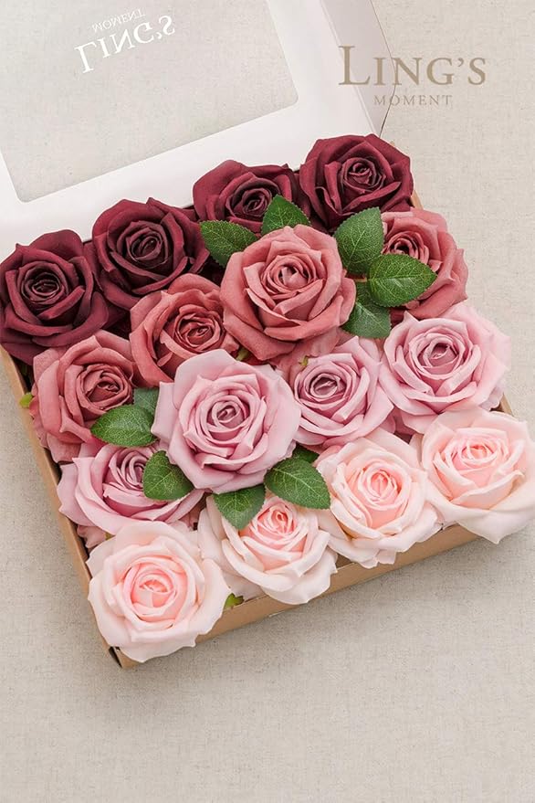 Ling's moment Artificial Burgundy Flowers, 16pcs Faux Silk Roses with Stems, 3.5" Fake Ombre Blush Pink Flowers Bulk for DIY Wedding Bouquets Centerpieces Party Baby Shower Home Decoration