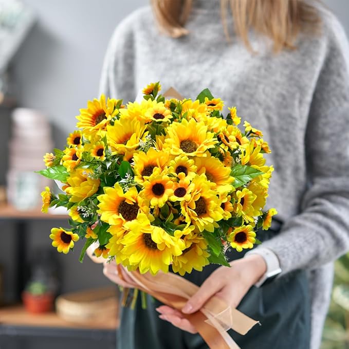 ZEYGLXC 12 Pack Artificial Sunflowers Bouquets with Stems for Wedding Home Kitchen Table Birthday Decor Indoor Outdoor, Faux Sunflowers with 4 Big Sunflowers Heads 9 Small Sunflowers Heads