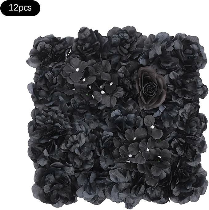 12 Pack Flower Wall Backdrop, 15x15 Inch Artificial Flower Wall Panels Black 3D Floral Backdrop Walls Silk Hydrangea Rose Walls for Decor Wedding Party