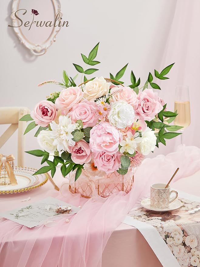 Serwalin Artificial Flowers Pink Peonies Flowers Fake Wedding Flowers Cake Flower Box Set for DIY Wedding Bouquets Bridal Shower Centerpieces Floral Arrangements Party Decor