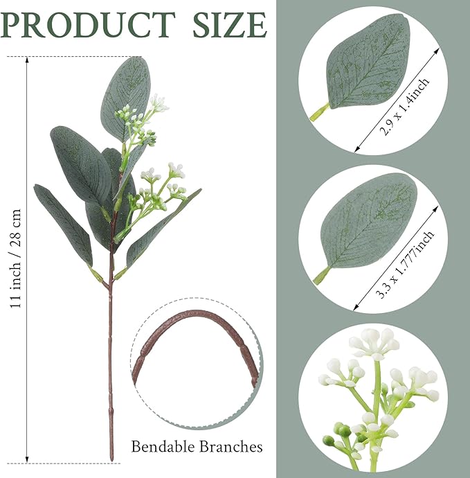 Janinka 90 Pcs Mixed Eucalyptus Leaves Stems Bulk Artificial Eucalyptus Leaves with White Seeds Artificial Silver Dollar Sprays Faux Oval for Floral Wreath Bouquets Wedding Greenery Decoration