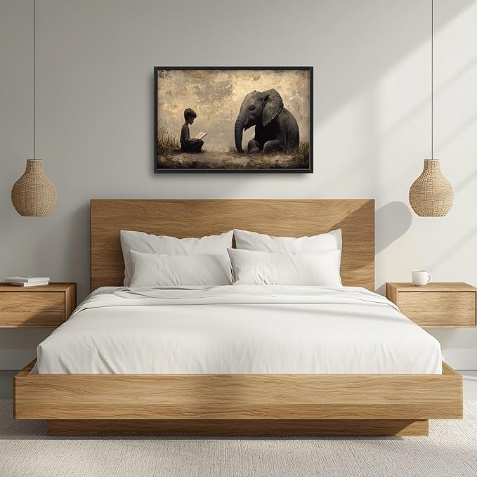 Elephant Large Wall Art Boy Reading Pictures Wall Decor Animal Canvas Elephant Print Painting Modern Artwork Home Decoration for Living Room Bathroom Bedroom Office Framed 36"x24"