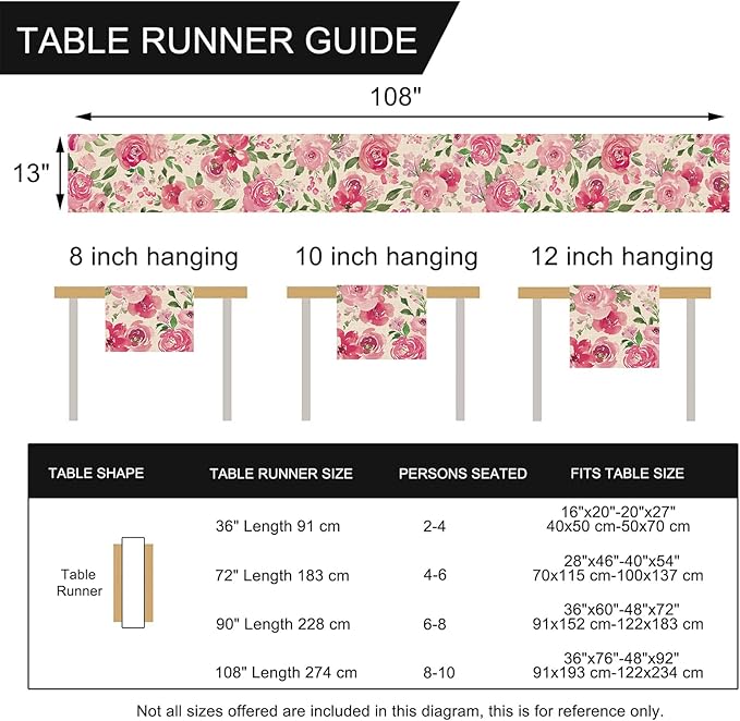 Seliem Spring Summer Watercolor Flower Table Runner, Pink Peony Floral Kitchen Dining Table Decor, Seasonal Burlap Home Decoration Indoor Outdoor Party Supply 13 x 108 Inches