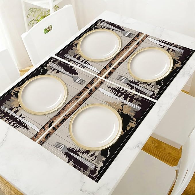 Farmhouse Forest Cabin Placemats Country Deer Bear Art Printed Dining Table Mats Set of 4 for Home Kitchen Holiday Picnic Party Decor 12x18in