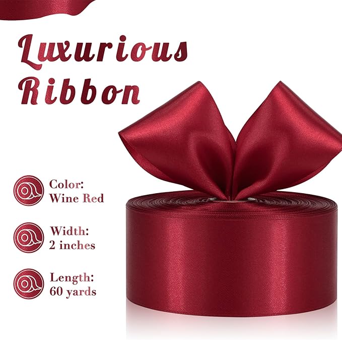Wine Red Ribbon 2 Inch 60 Yards, Dark Red Satin Ribbon for Flower Bouquet, Christmas, Wedding, Crafts, Gift Wrapping, Baby Shower, Bows and Outdoor Decor