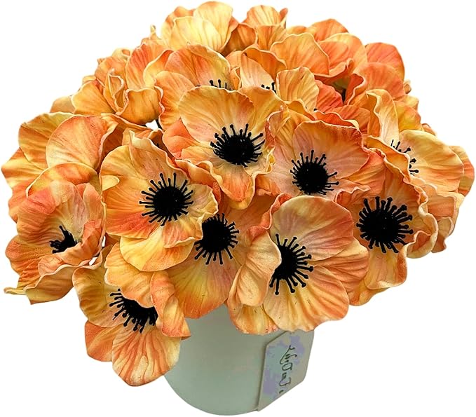 14Pcs Real Touch Anemone Poppy Bouquet for Artificial Flower Decor Kitchen Table Centerpiece Vase Home Greenery Wedding Holding Flowers Backdrop Arch Wall (Champagne)